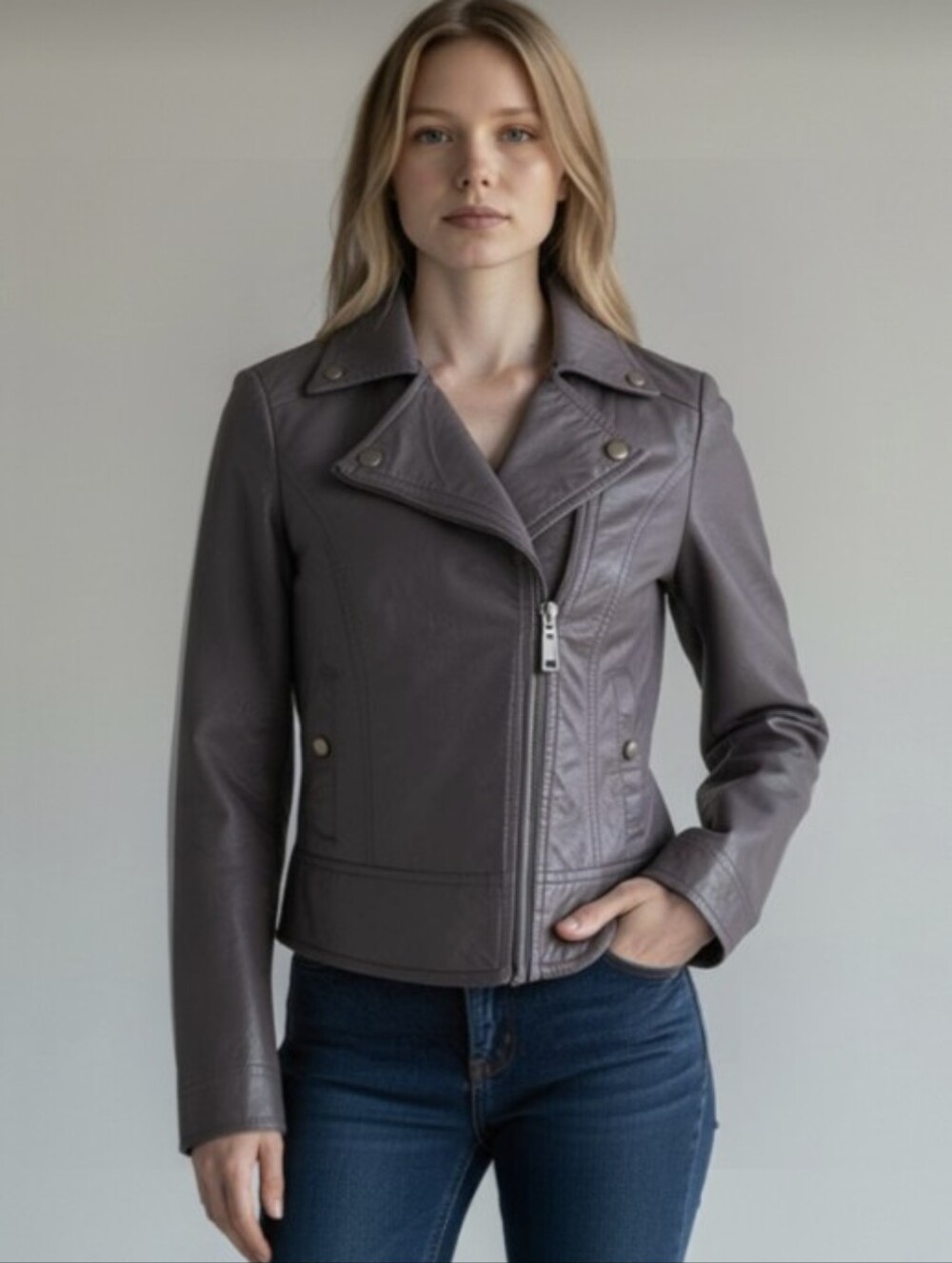 JOU JOU! STORMY GRAY VEGAN LEATHER BIKER/MOTO INSPIRED ZIPPER JACKET, COAT! SZ S